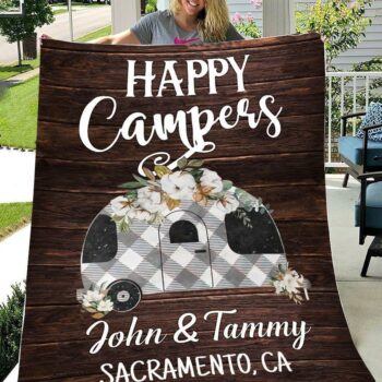 Happy Campers Camping Blanket, Personalized Motorhome Blanket, Custom RV Lover Blanket, Family Present, Happy Camper Gift, Camp Trailer