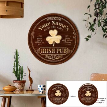 Dark Brown Happy Patrick’s Day,Irish Pub 3 Layered Wooden Art Personalized Barrel End Bar Sign